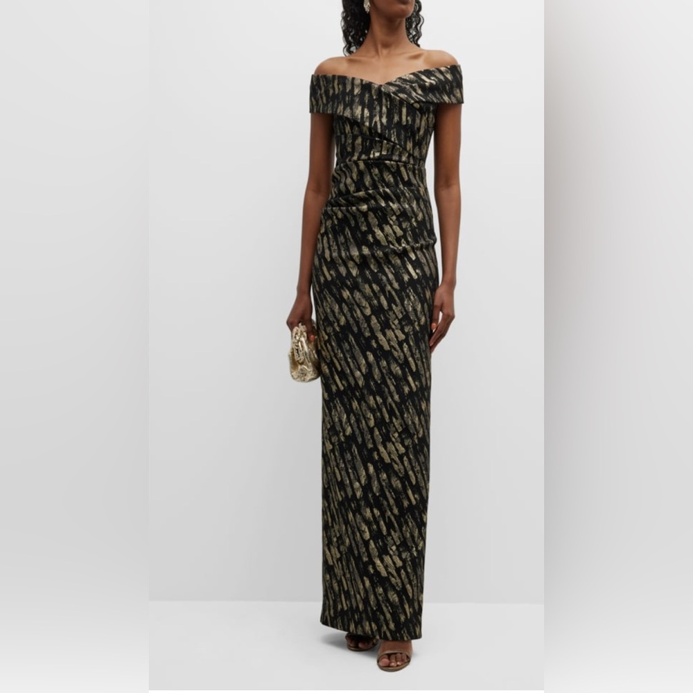 Rickie Freeman for Teri Jon Off-Shoulder Brushstroke Jacquard Column Gown